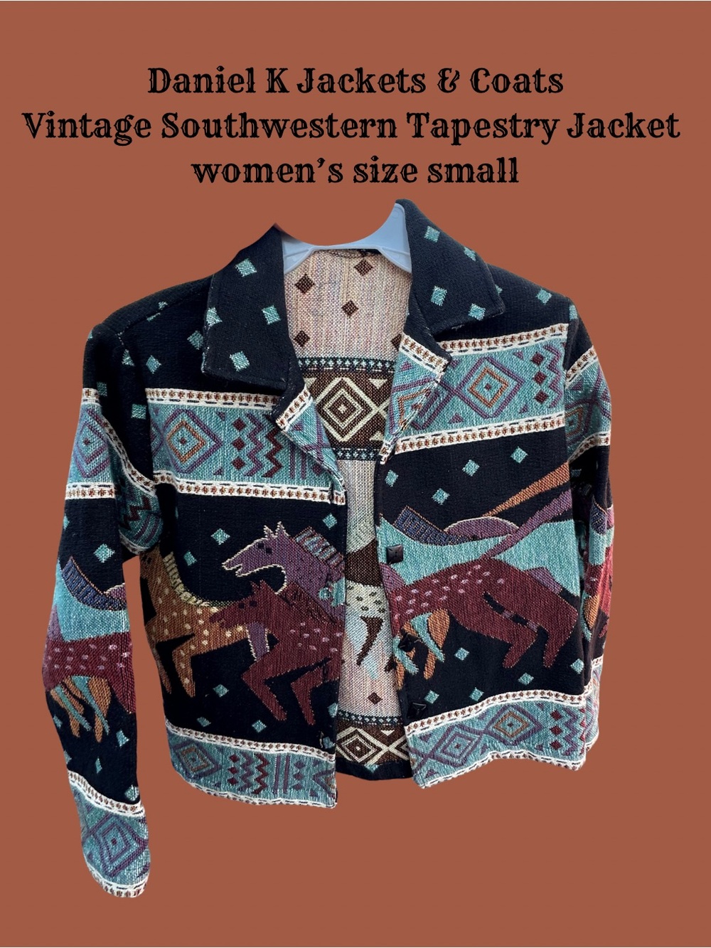 Daniel K Southwestern Tapestry Jean Jacket in Black, Teal & Burgundy